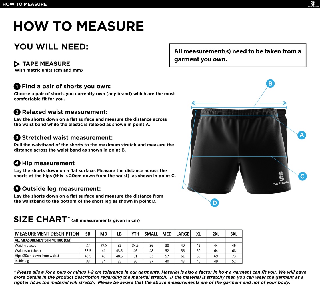 Adults - Performance Gym Short - Size Guide