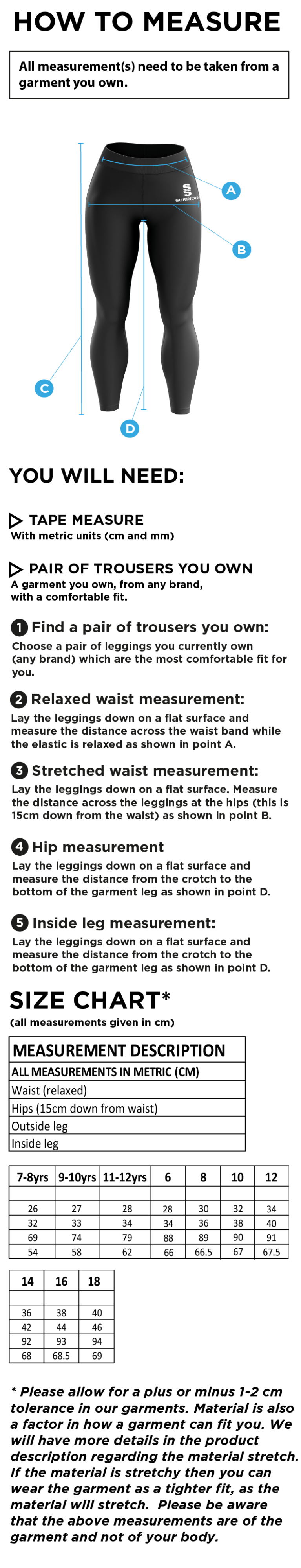 Ladies - Performance Full Length Leggings - Size Guide