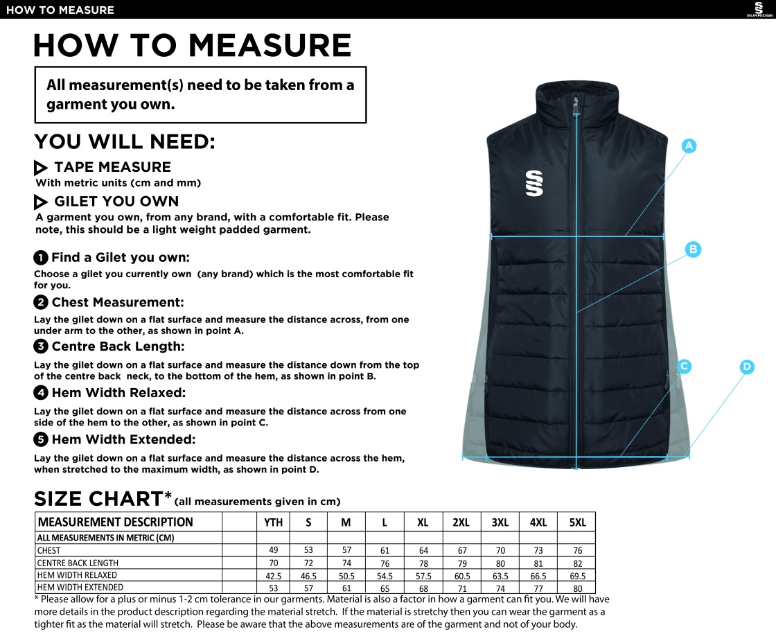 Adults - Active Gilet - Size Guide
