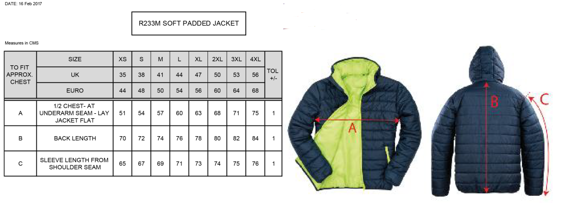 Adults - Supersoft Padded Jacket - Size Guide