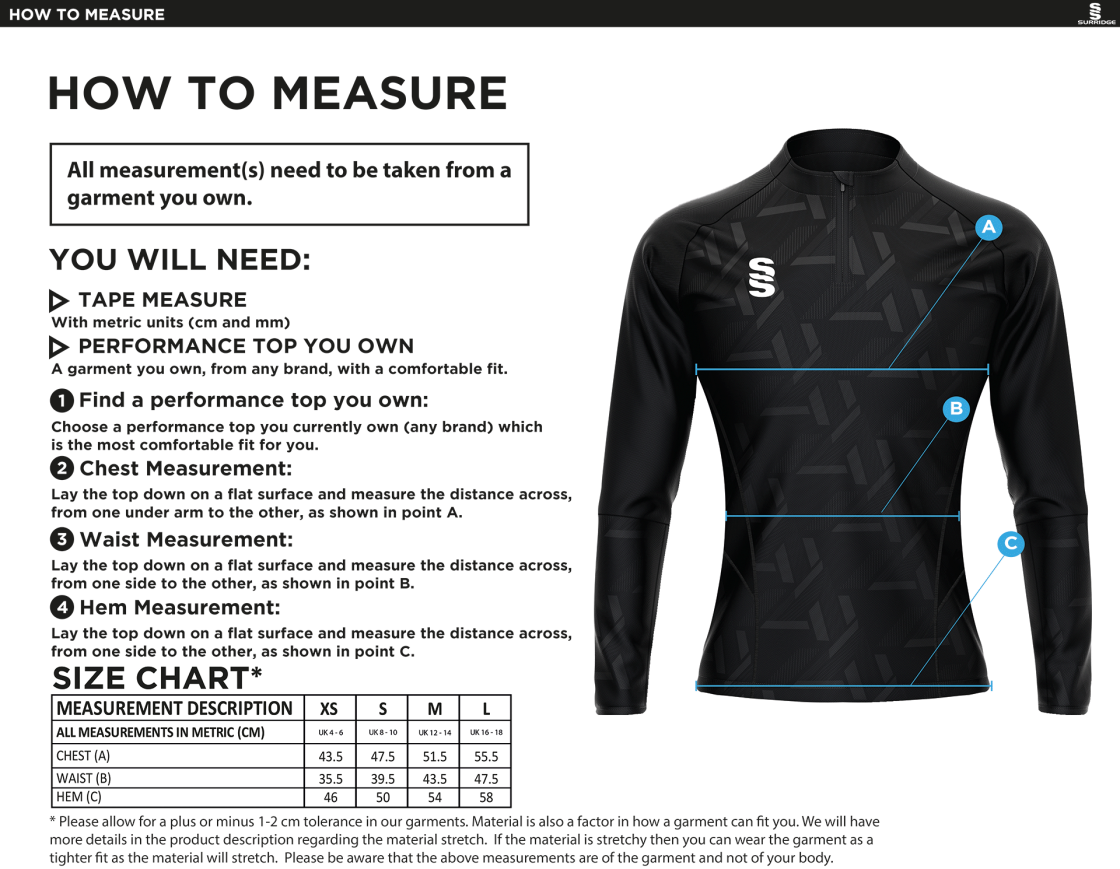 Ladies - Impact 1/4 Zip Performance Top - Size Guide