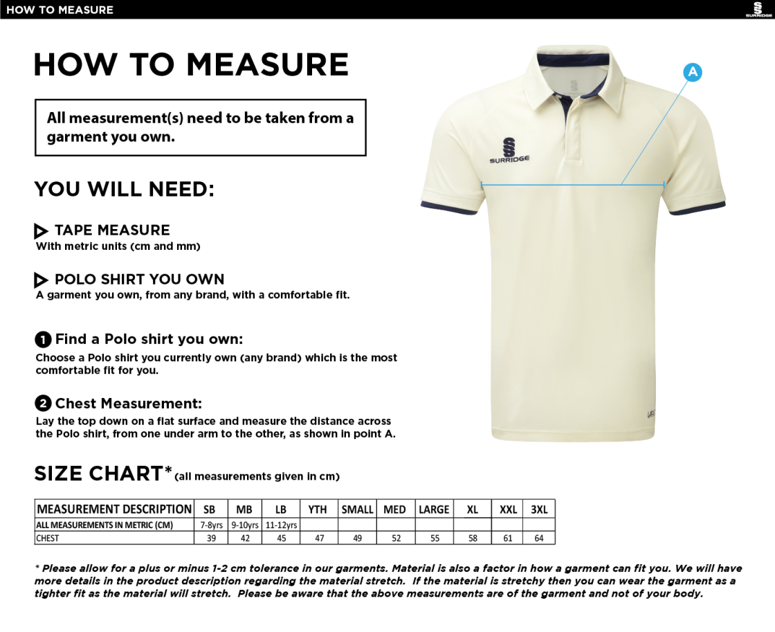 U15 Eagles - Ergo Cricket Shirt - Short Sleeve : Navy Trim - Size Guide