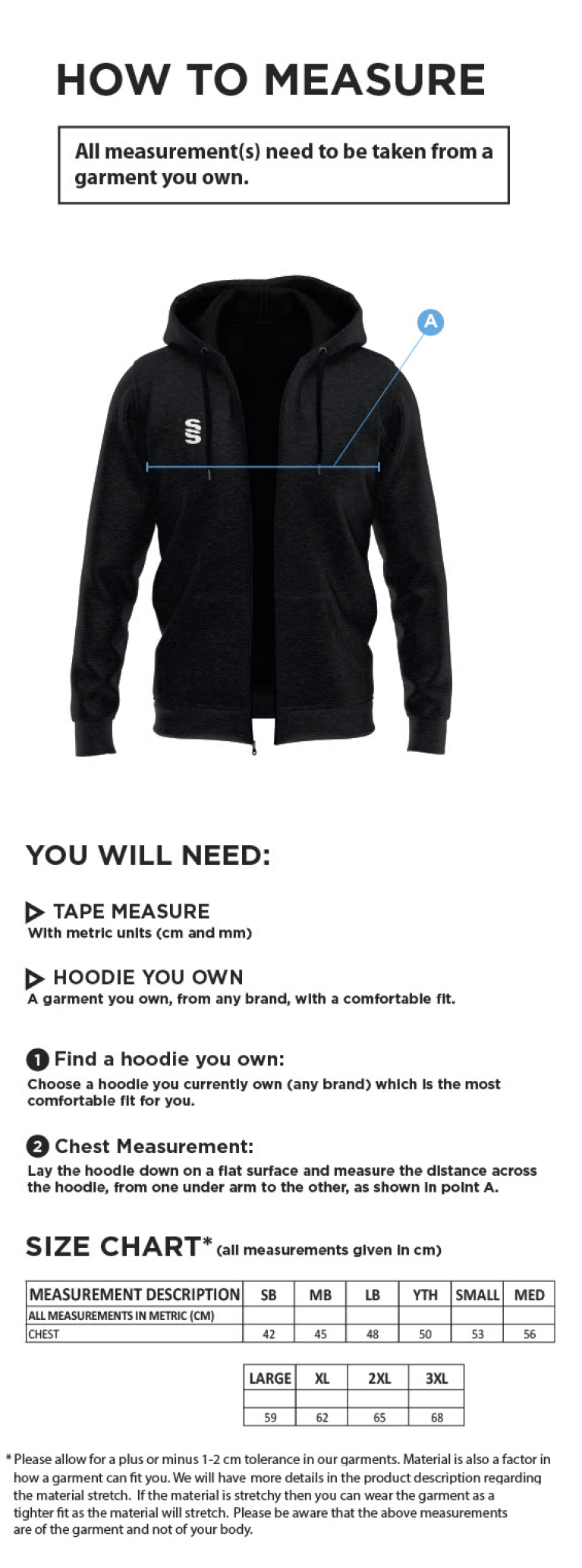 Adults - Dual Full Zip Hoody - Size Guide