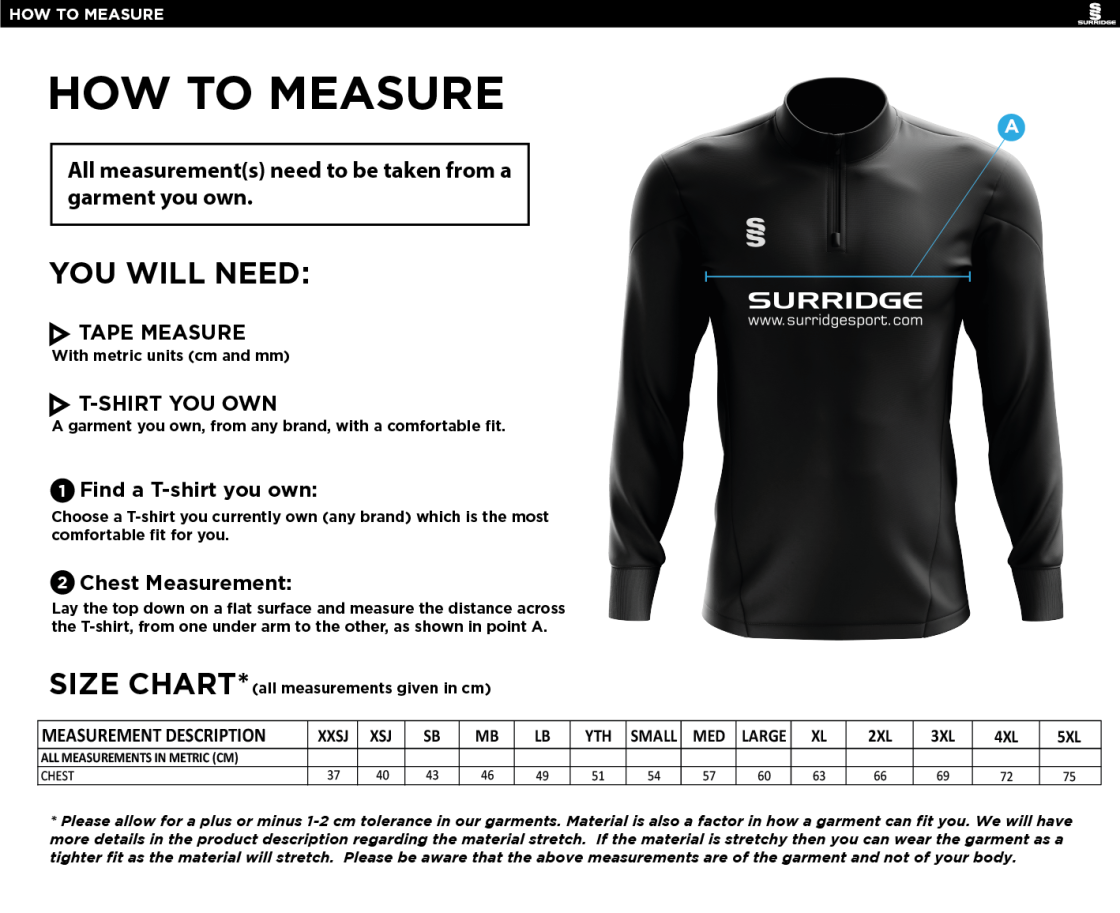 Adults - 1/4 Zip Dual Performance Top - Size Guide