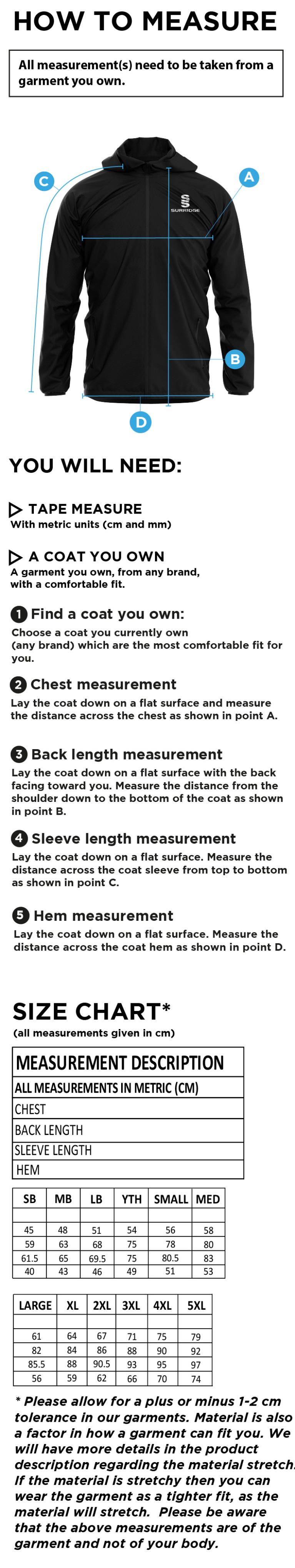 Adults - Dual Full Zip Training Jacket - Size Guide