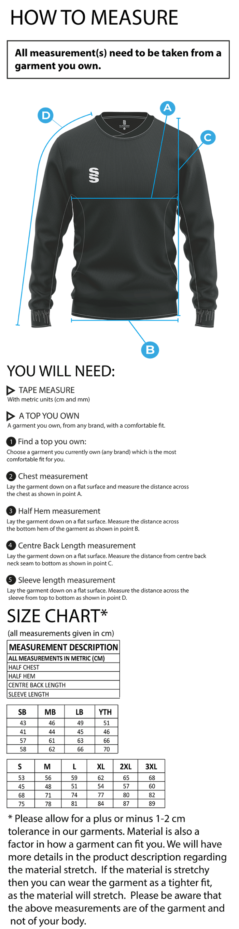 Adults - Run Out Top - Size Guide