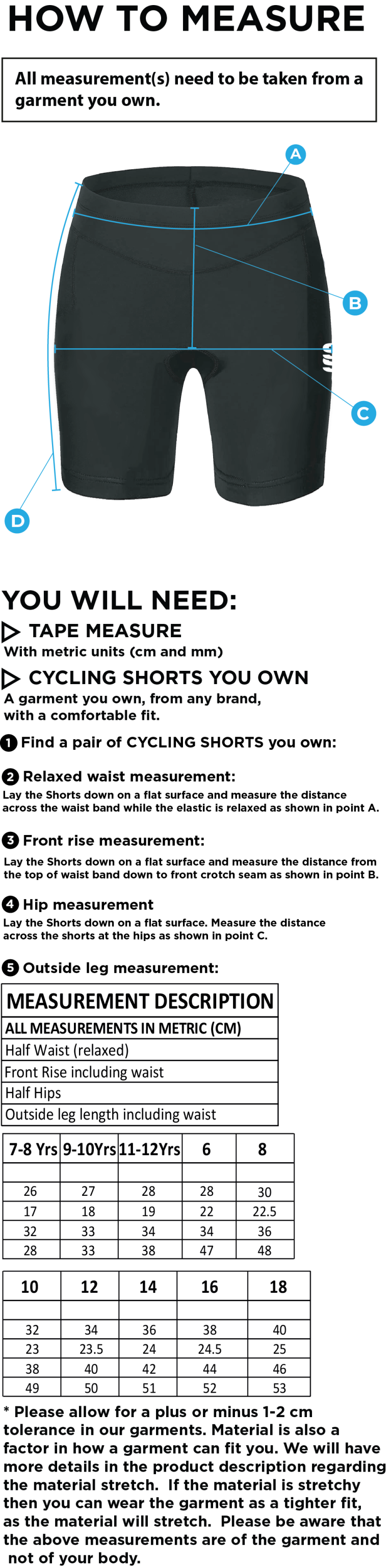 Ladies - Dual Cycling Short - Size Guide