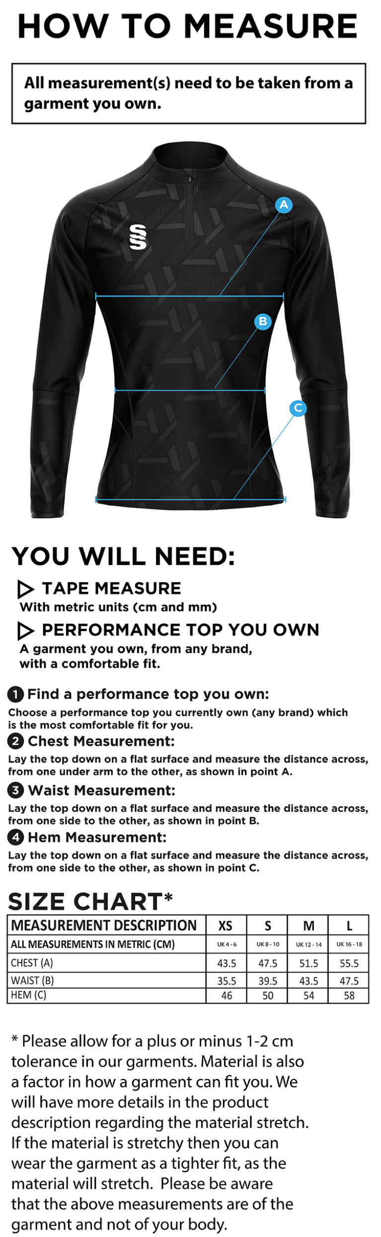 Ladies - Impact 1/4 Zip Performance Top - Size Guide