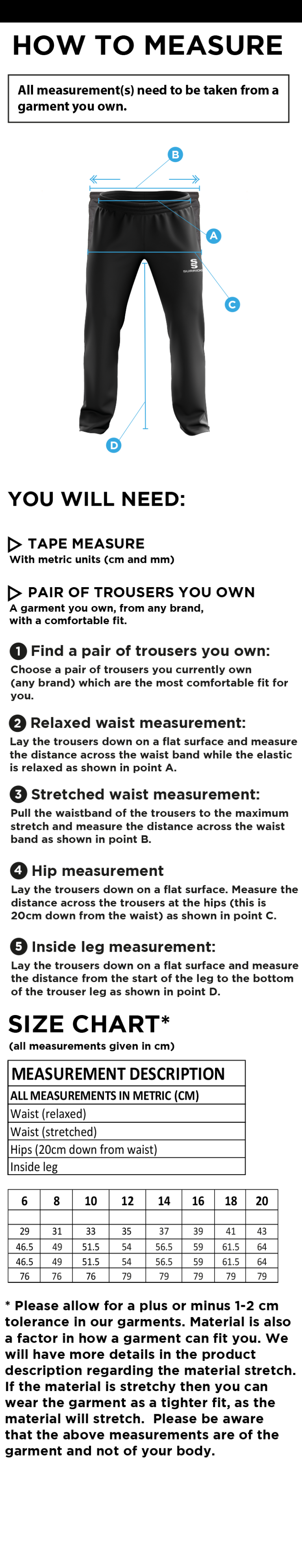 Ladies - Poplin Track Pant - Size Guide