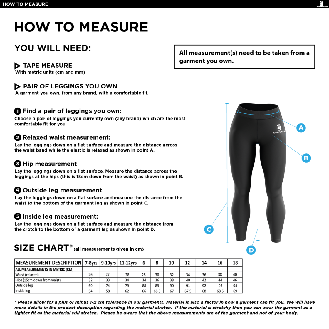 Ladies - Performance Full Length Leggings - Size Guide