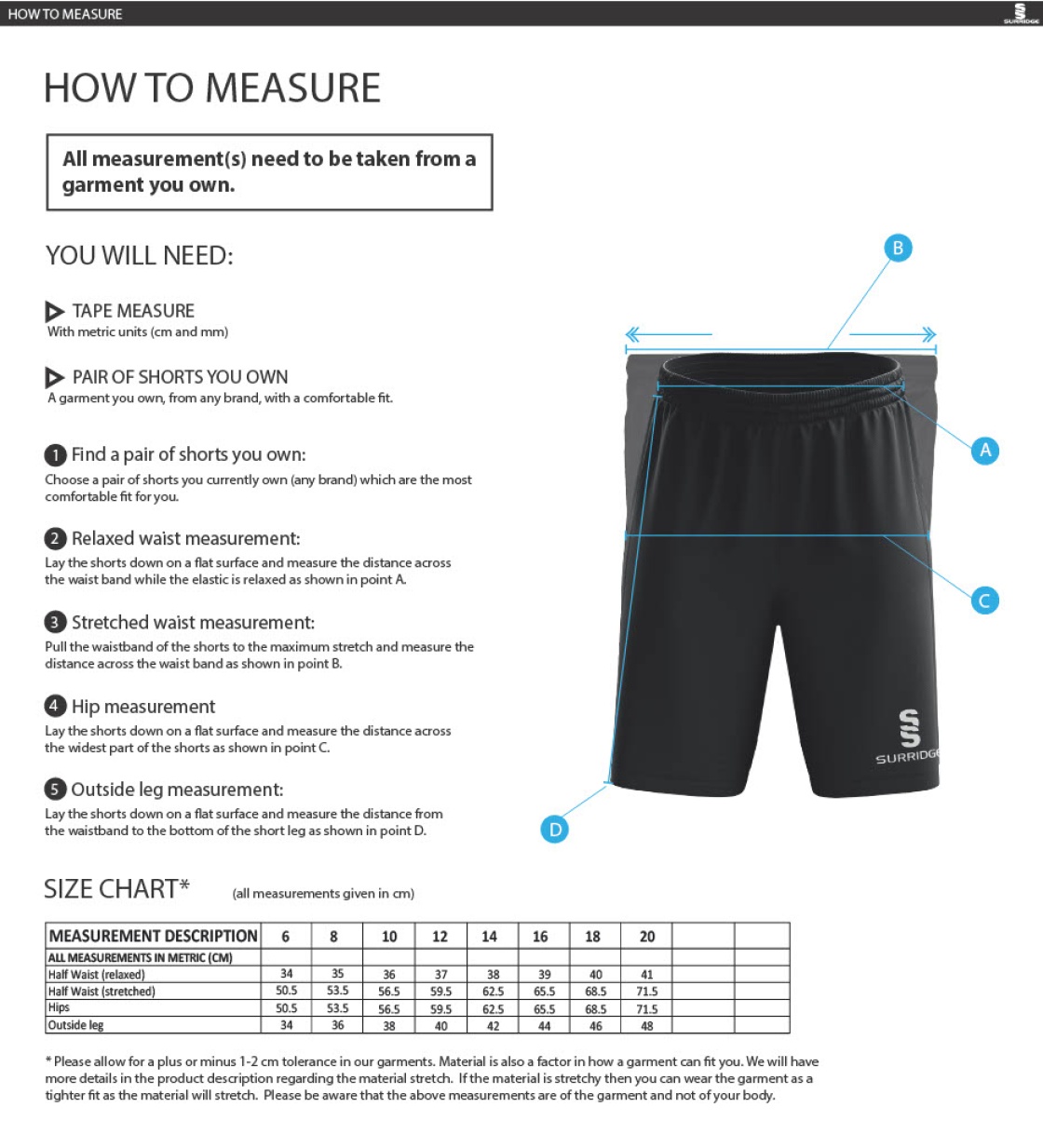 Ladies - Ripstop Pocketed Shorts - Size Guide