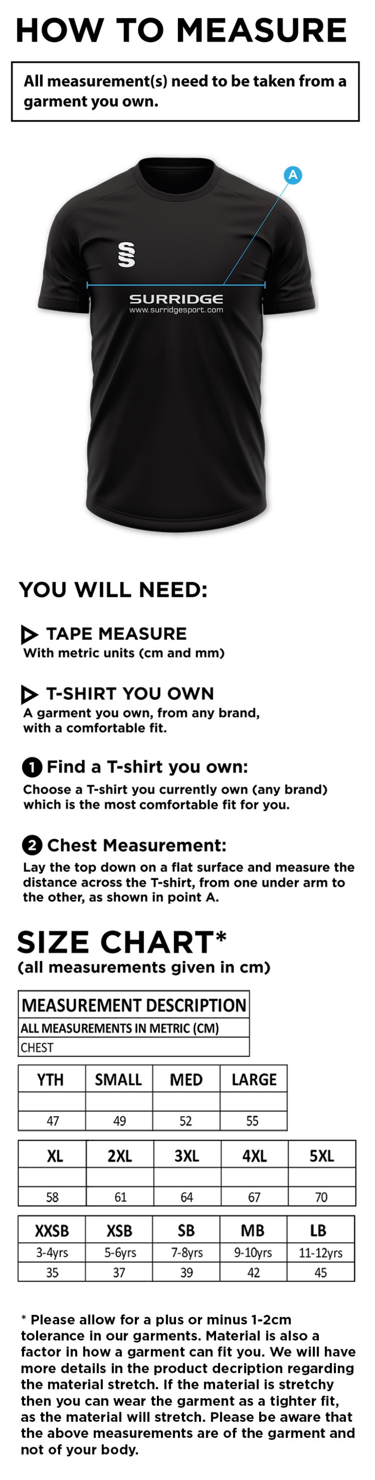 Adults - Dual Gym T-shirt - Size Guide