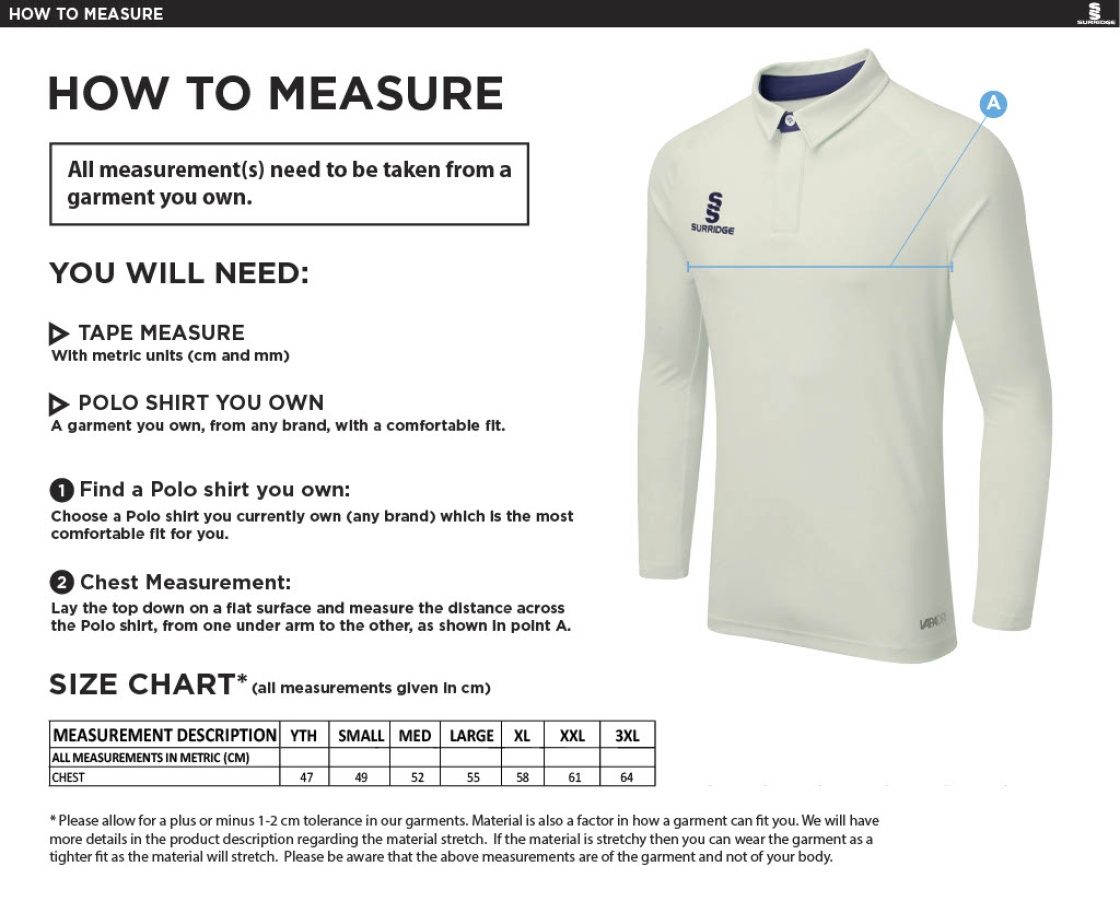 U17 Falcons - Ergo Long Sleeve Cricket Shirt Navy - Size Guide