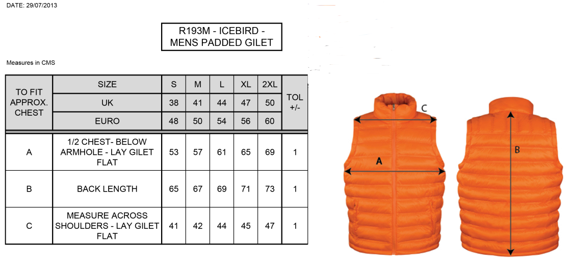 Adults - Padded Gilet - Size Guide