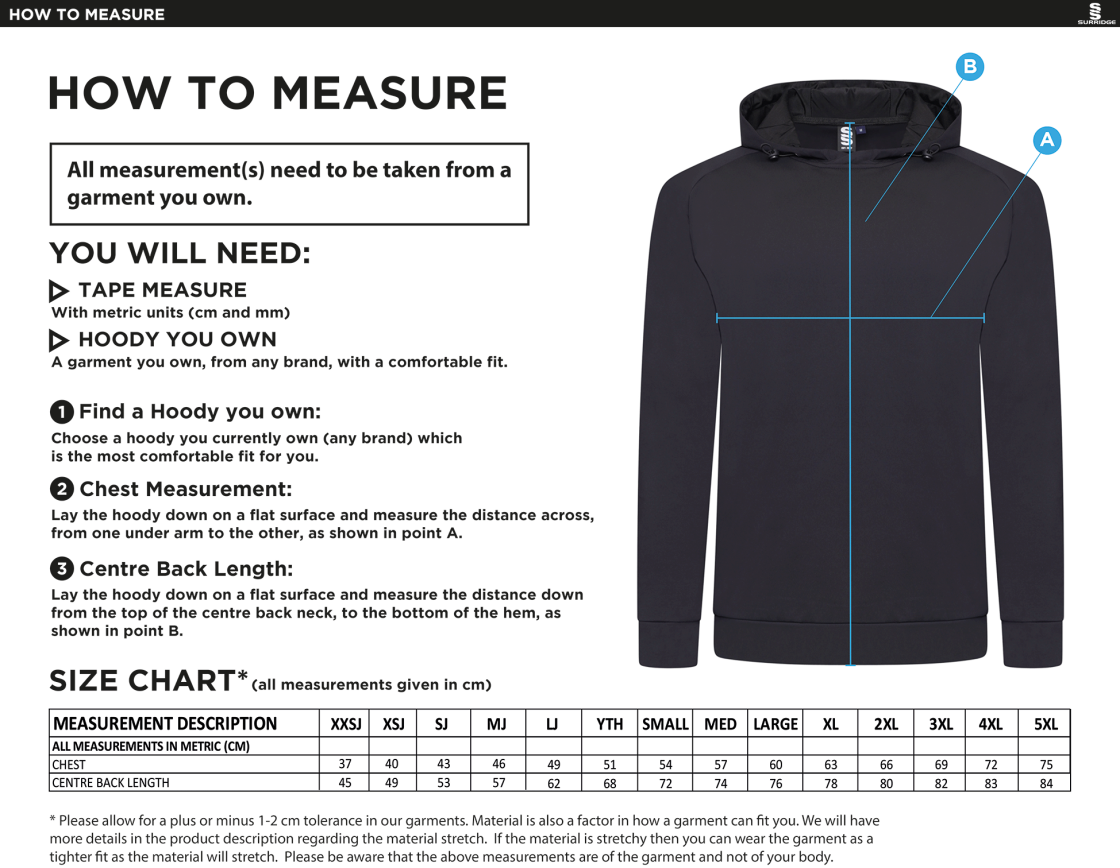 Adults - Active Hoody - Size Guide